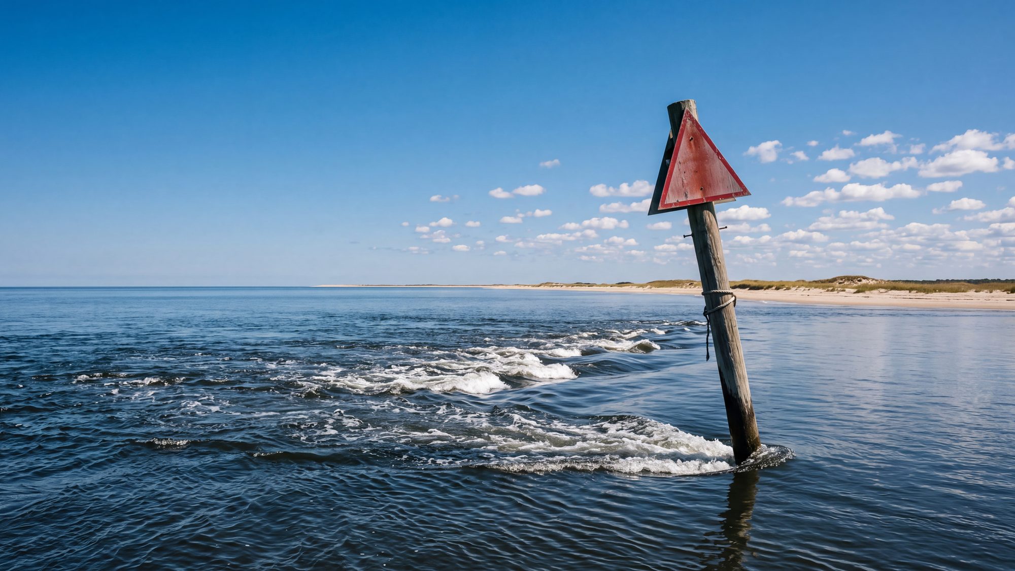 A channel marker leaning in a fast tidal current with a visible wake, calm water beyond — Outer Banks, NC