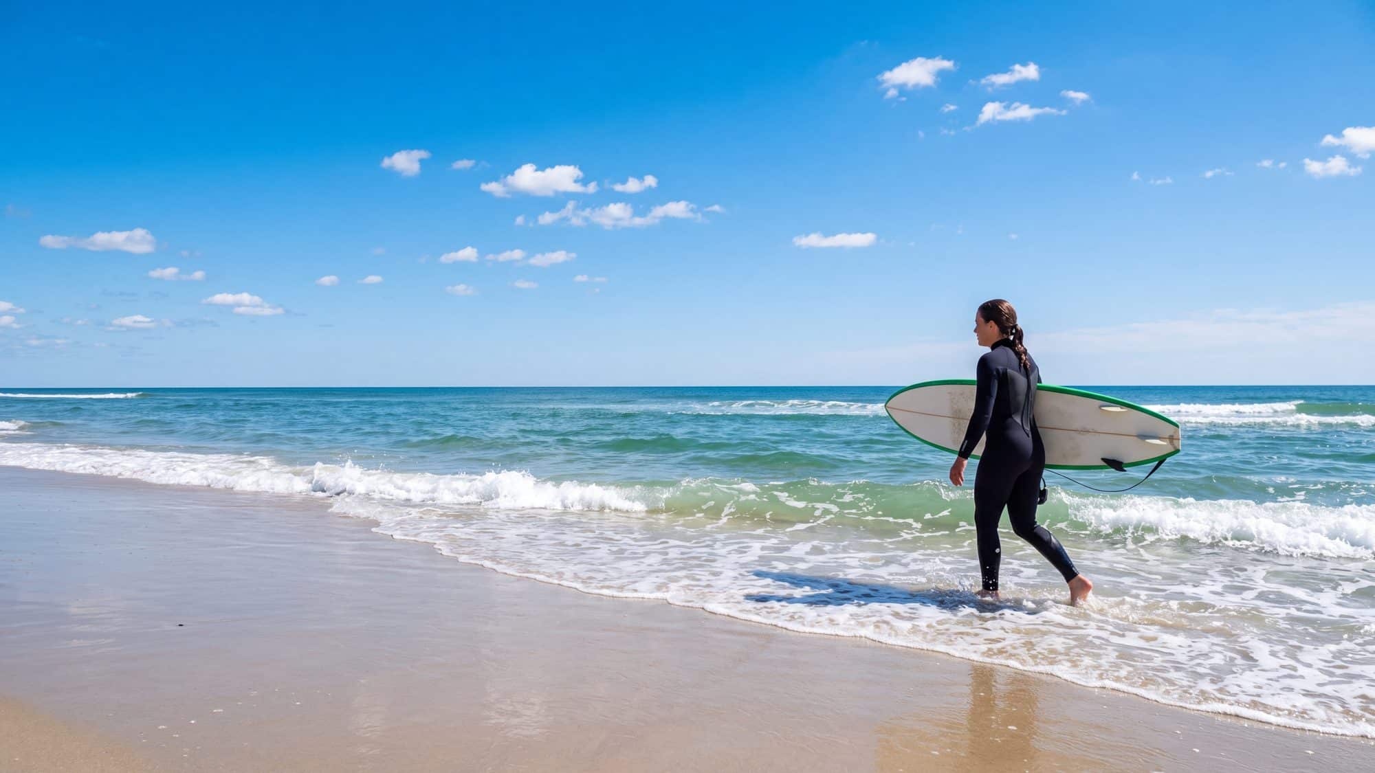 A woman in a wetsuit wading into clear green surf with a surfboard under her arm — Outer Banks, NC