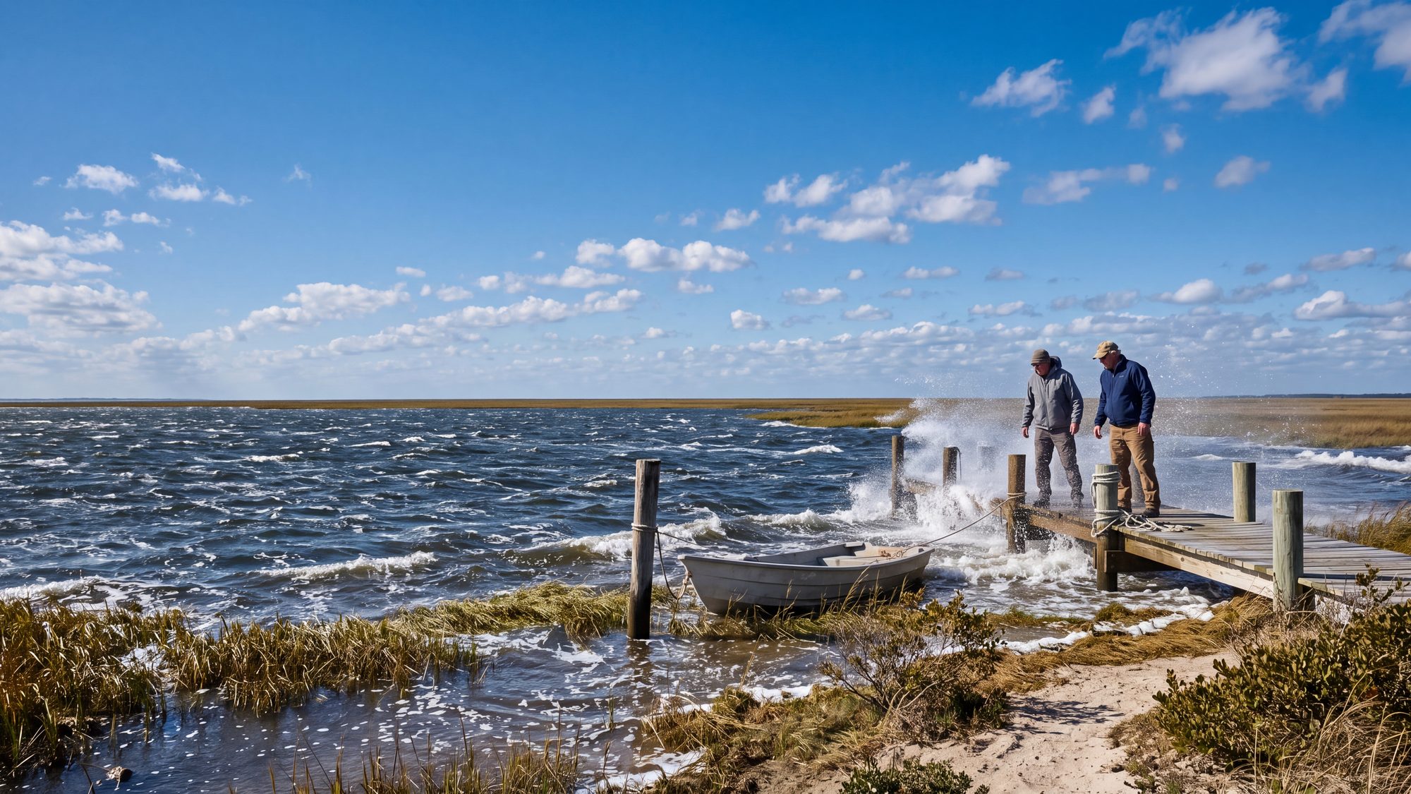 Sound water blown up over a low marsh shoreline and dock by a strong wind with whitecaps — Outer Banks, NC